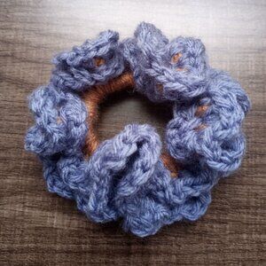 Handmade Ruffled Crochet Scrunchie – Heather Dusty Blue Hair Accessory